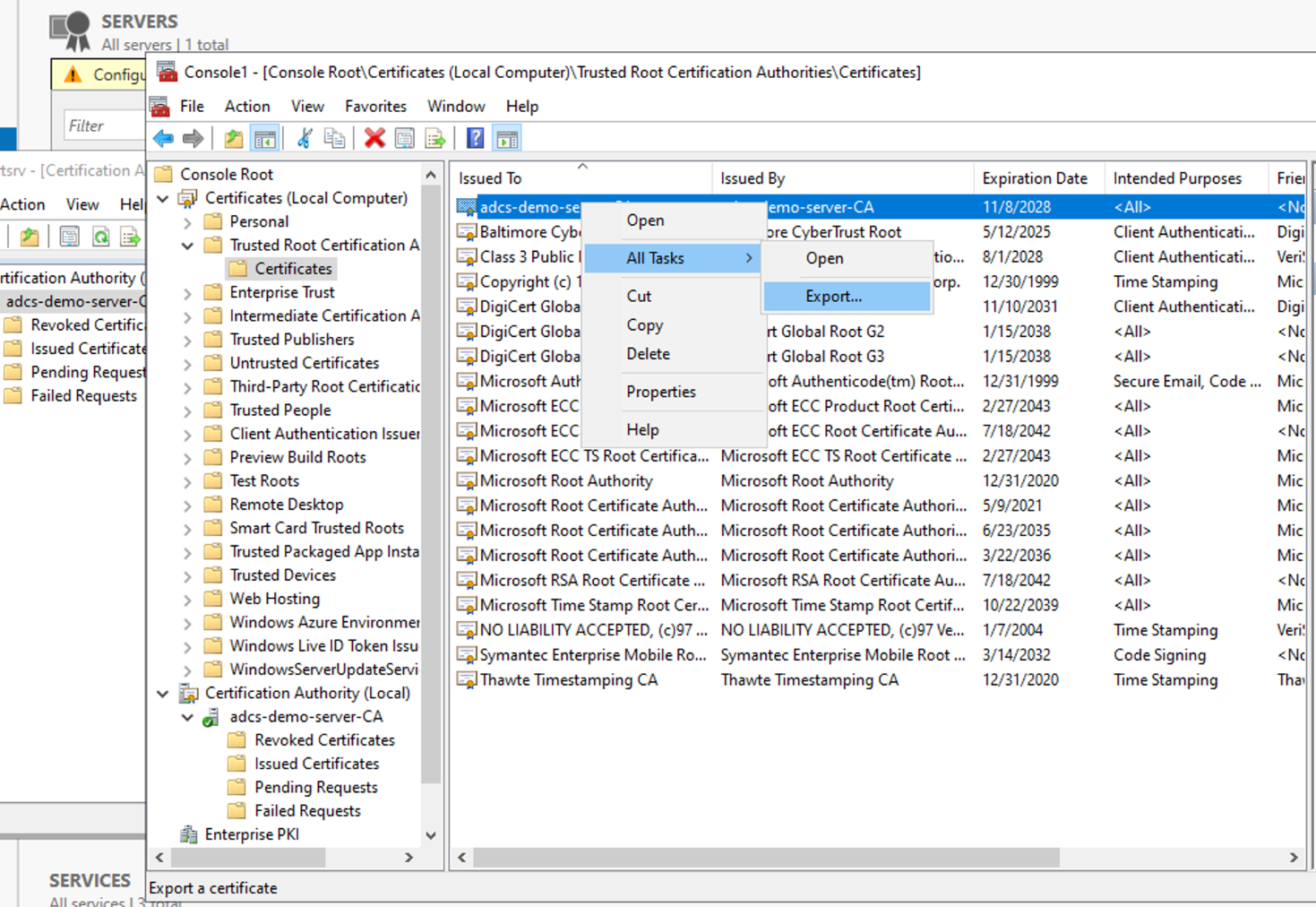 Screenshot of how to export ADCS root certificate