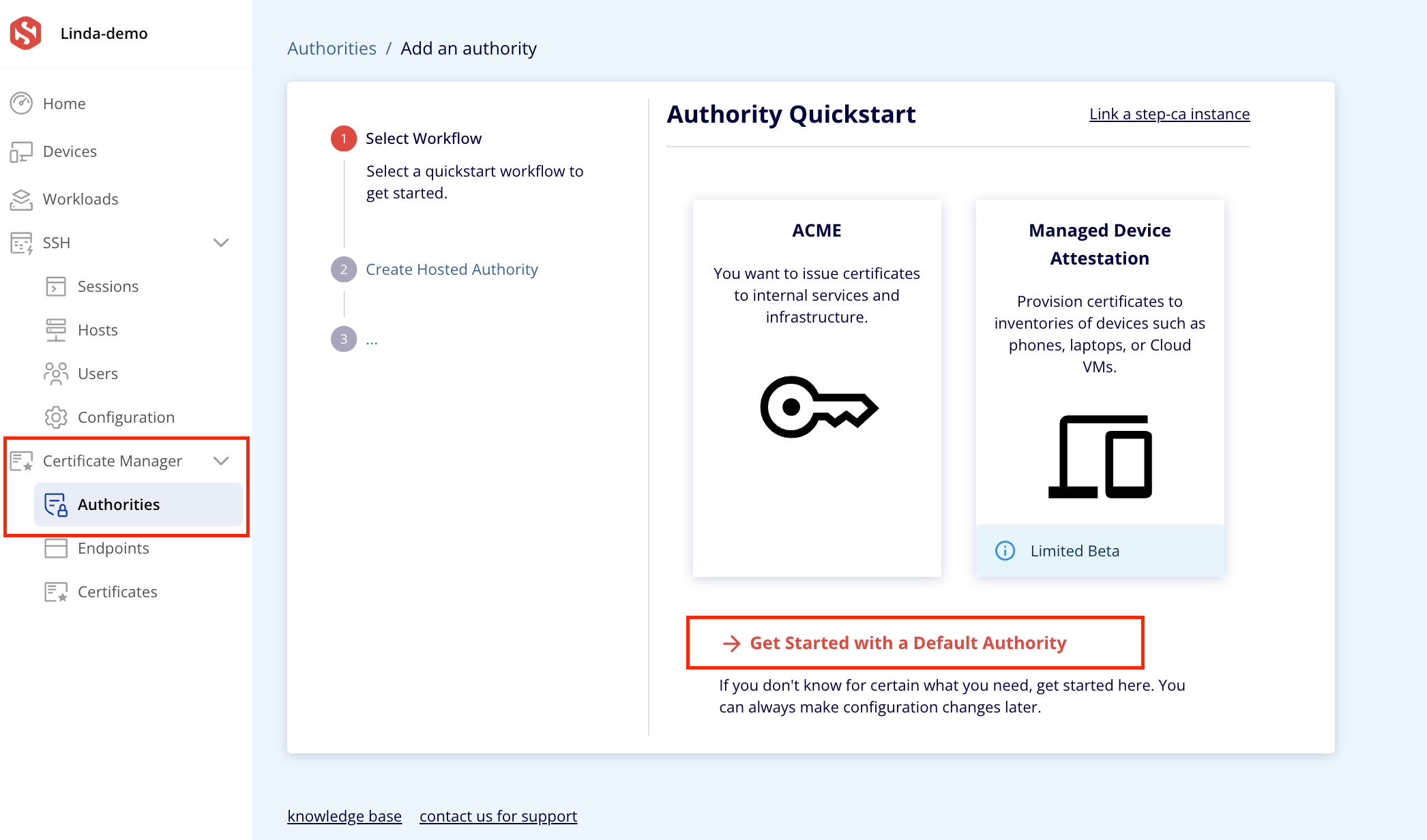 Screenshot of the Default Authority UI on Smallstep platform