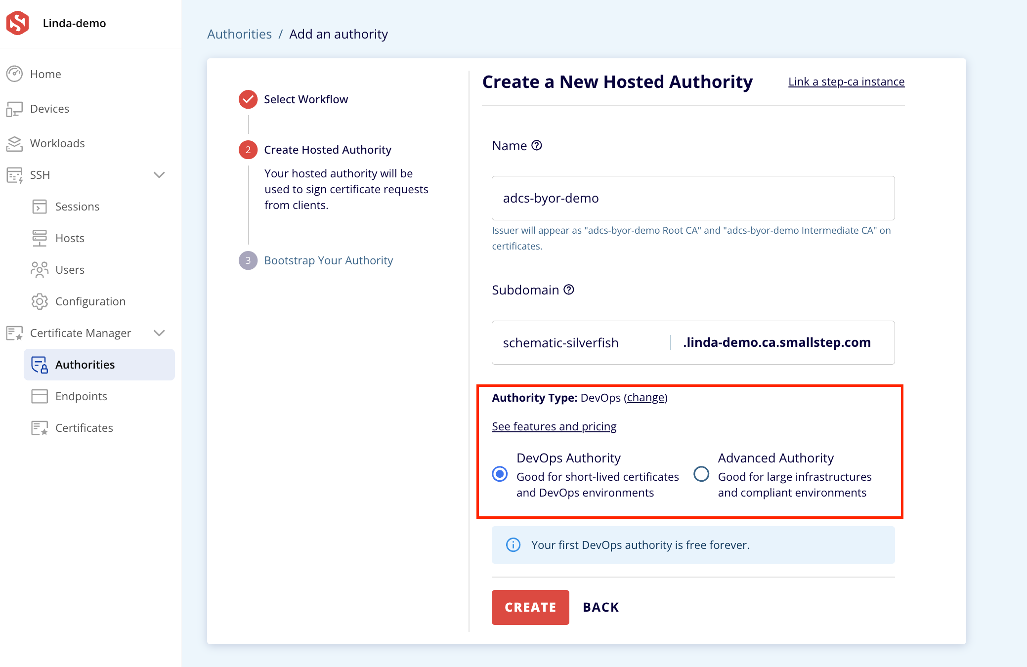 Screenshot of how to switch from Default Authority to Advanced Authority